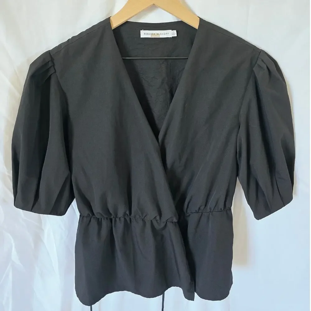 Rebecca Minkoff Mary Wrap Blouse Size XS Black Crepe Puff Sleeve V-Neck